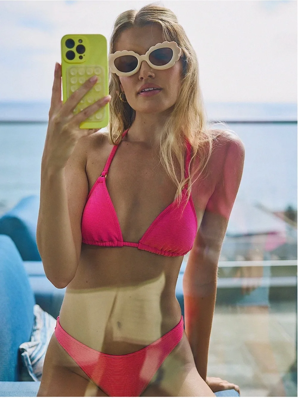 PQ Swim Nova Hot Pink Cranberry Ribbed Triangle Bikini Top - Picture 3 of 13